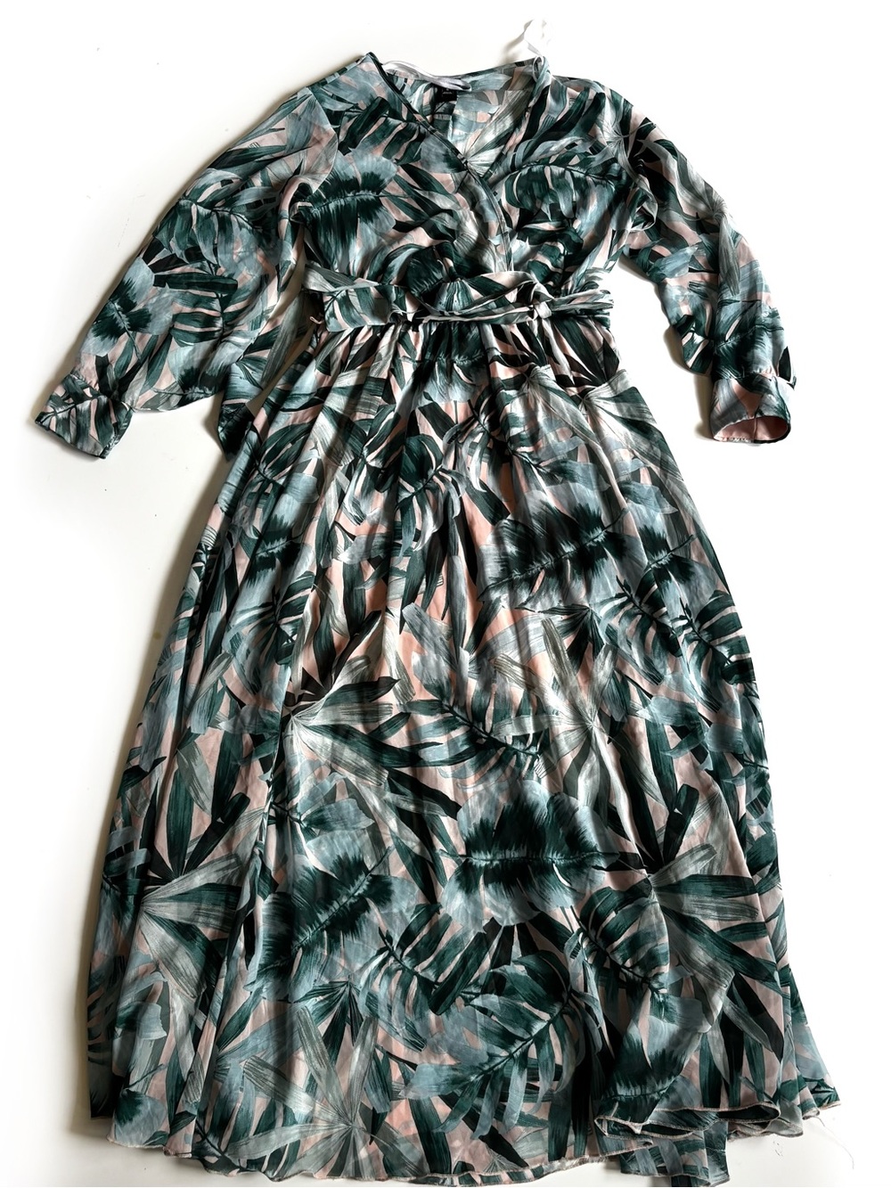 Kate and Lily Green and Pink Tropical Palm Print Short Sleeve Maxi Dress - 6